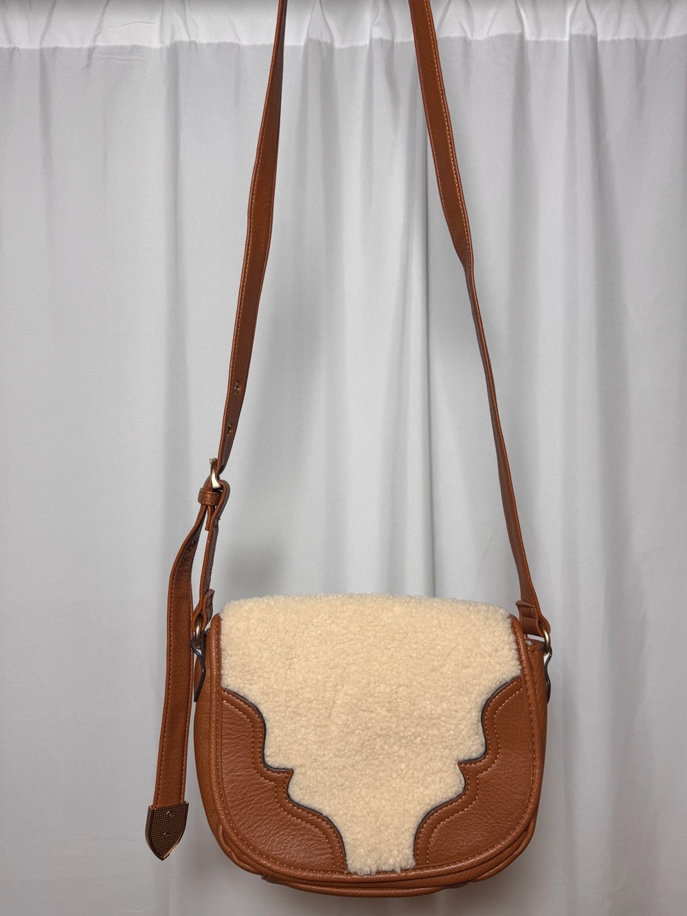 Jessica Simpson Brown Faux Leather & Sherpa Crossbody Purse Western Boho Country